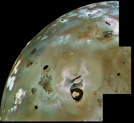 Loki Patera on Io (the dark horseshoe-shaped object at bottom center). (Image: NASA)